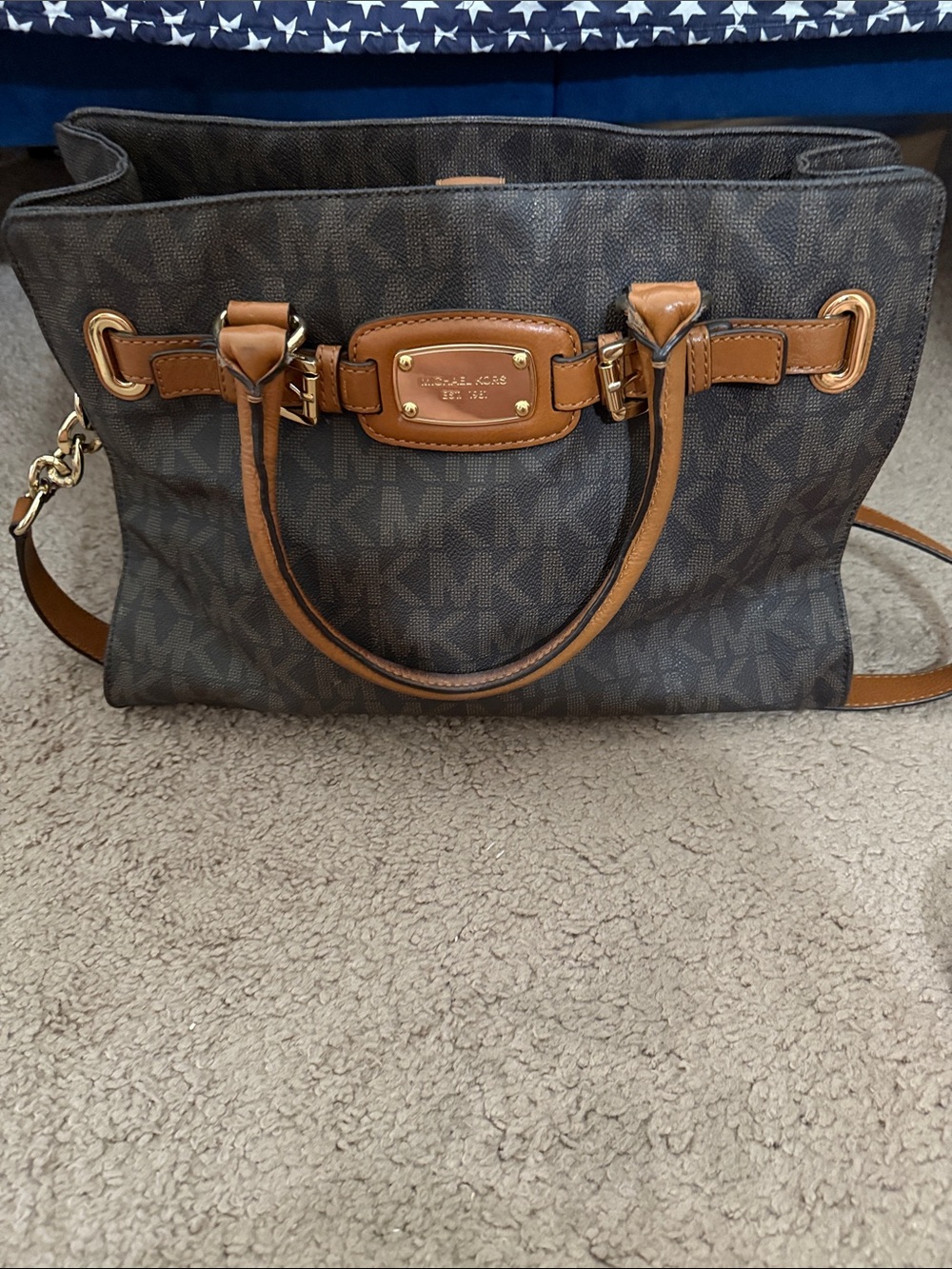 Michael Kors Brown Logo Satchel with Tan Trim